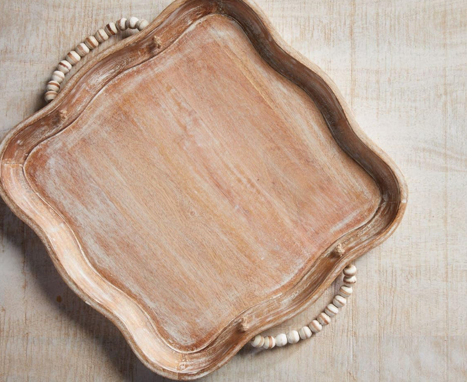 Mud Pie- White Washed Beaded Handle Tray